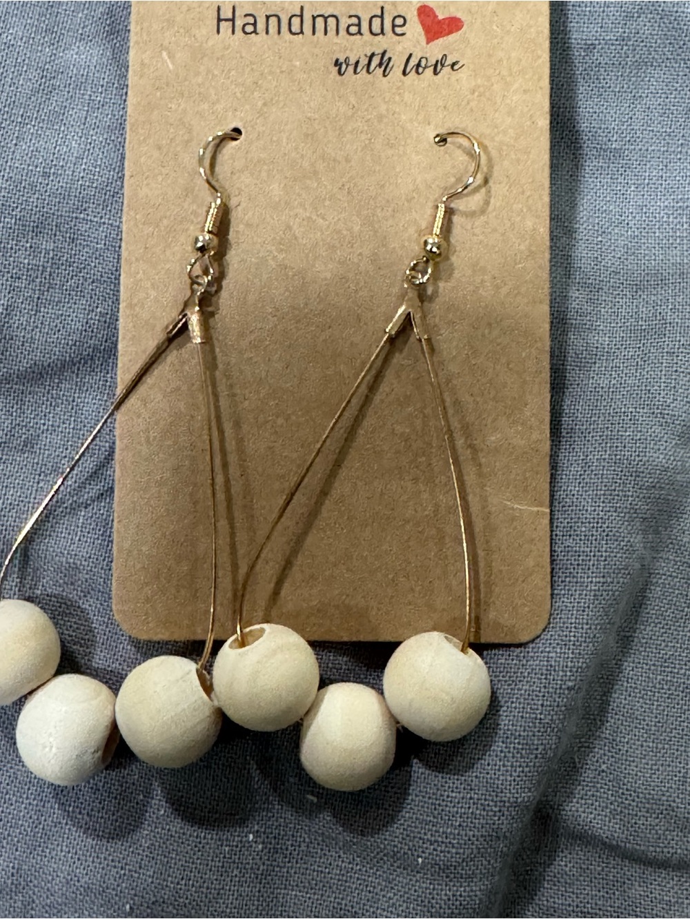 Handmade Gold Hoop Earrings with Cream Wooden Beads - Lightweight Drop Style